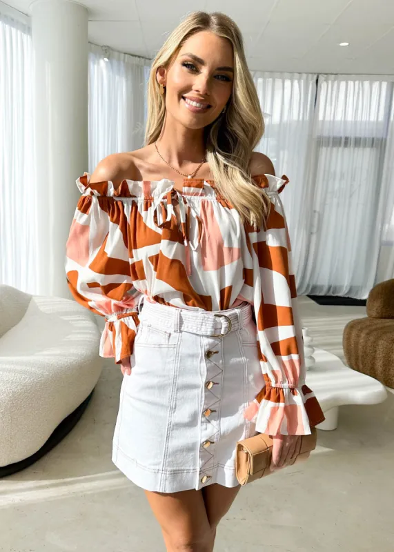 Ninah Off Shoulder Top - Cinnamon Peach sold by Gingham & Heels