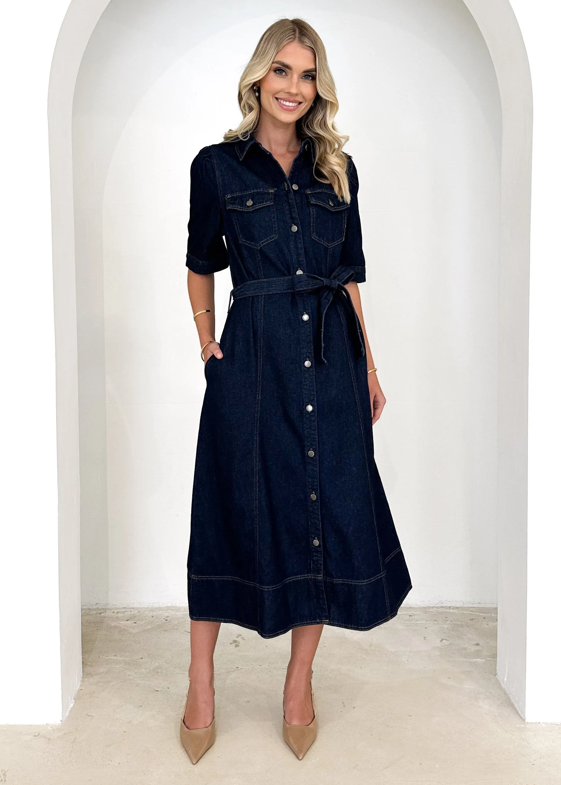 Kaily Denim Midi Dress - Indigo sold by Gingham & Heels product image thumbnail 3