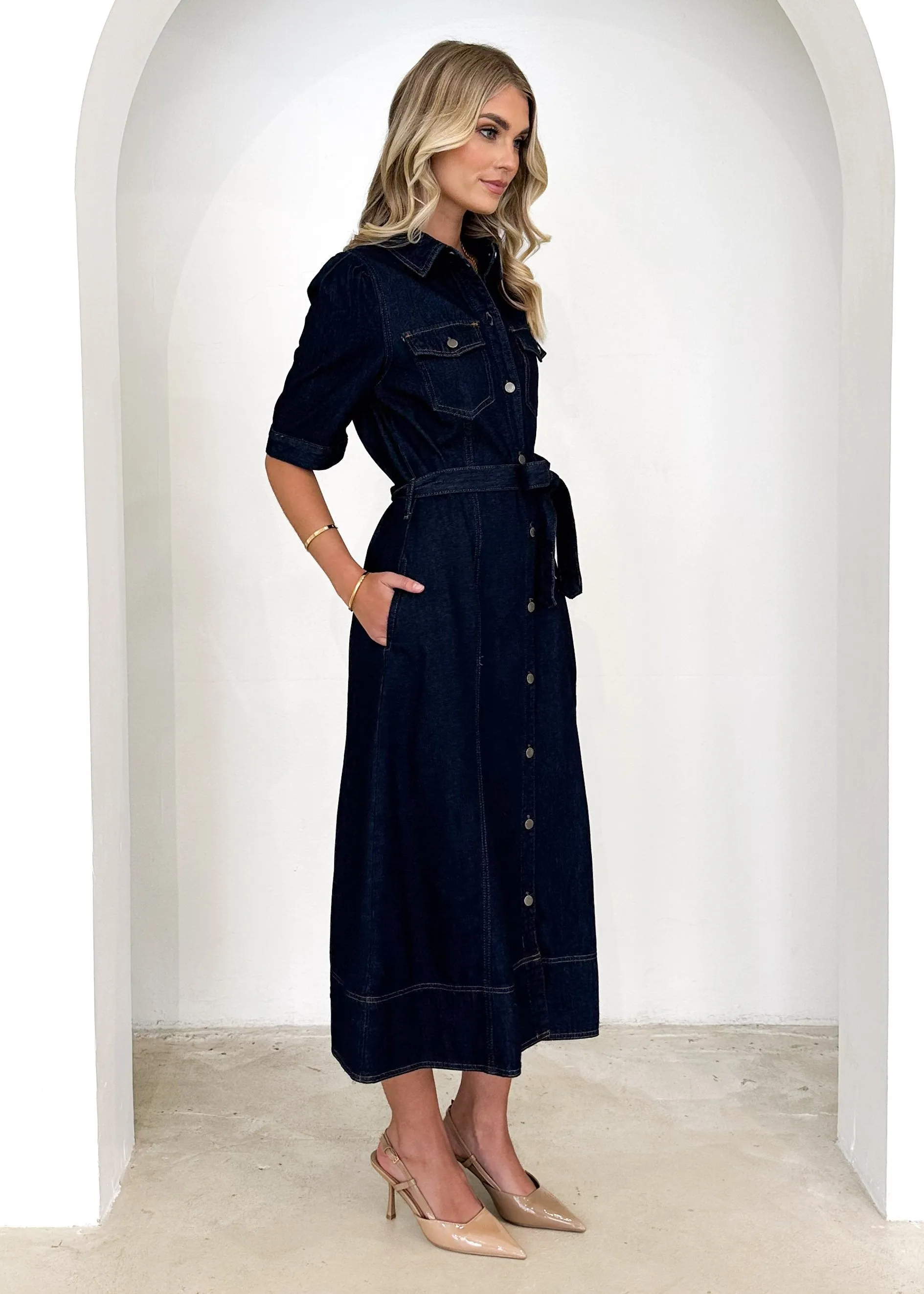 Kaily Denim Midi Dress - Indigo sold by Gingham & Heels product image thumbnail 5