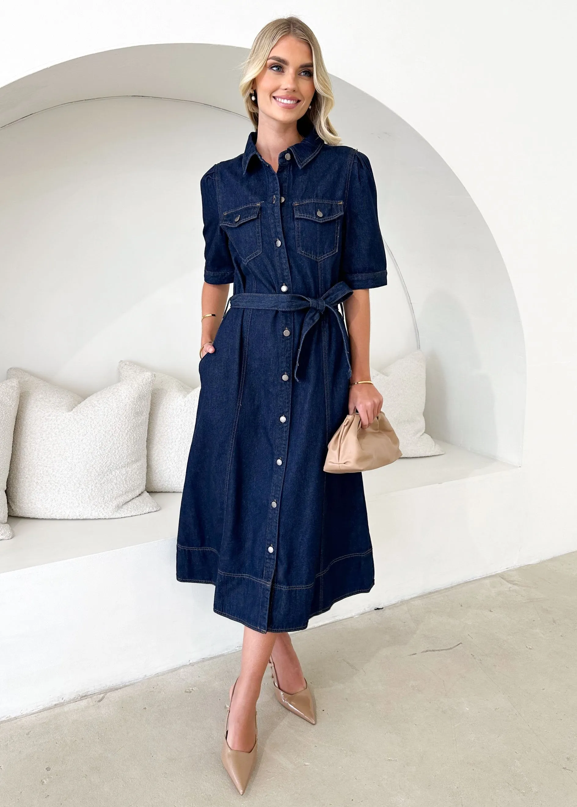 Kaily Denim Midi Dress - Indigo sold by Gingham & Heels