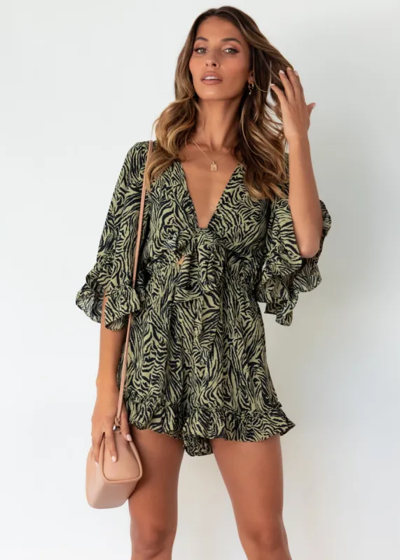 Fair Game Playsuit - Khaki Zebra sold by Gingham & Heels