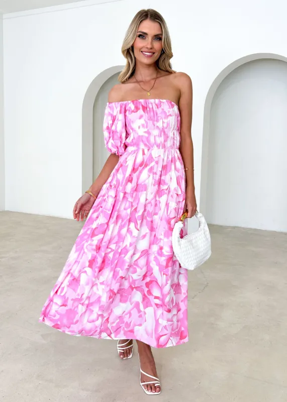 Padia One Shoulder Midi Dress - Pink Floral sold by Gingham & Heels