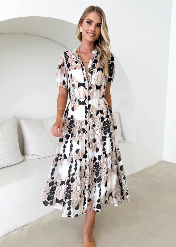 Mura Midi Dress - Beige Blossom sold by Gingham & Heels