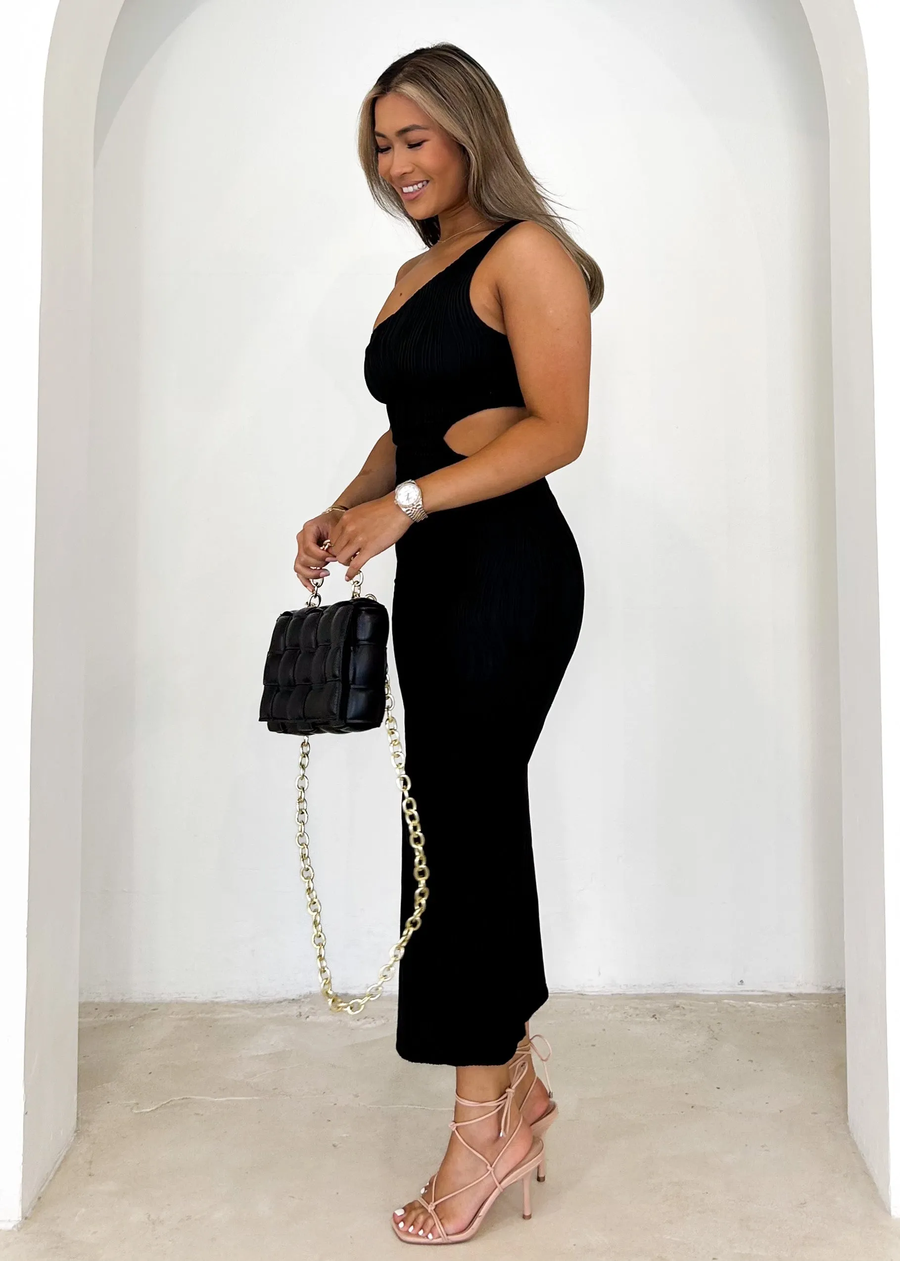 Citra One Shoulder Midi Dress - Black sold by Gingham & Heels product image thumbnail 4