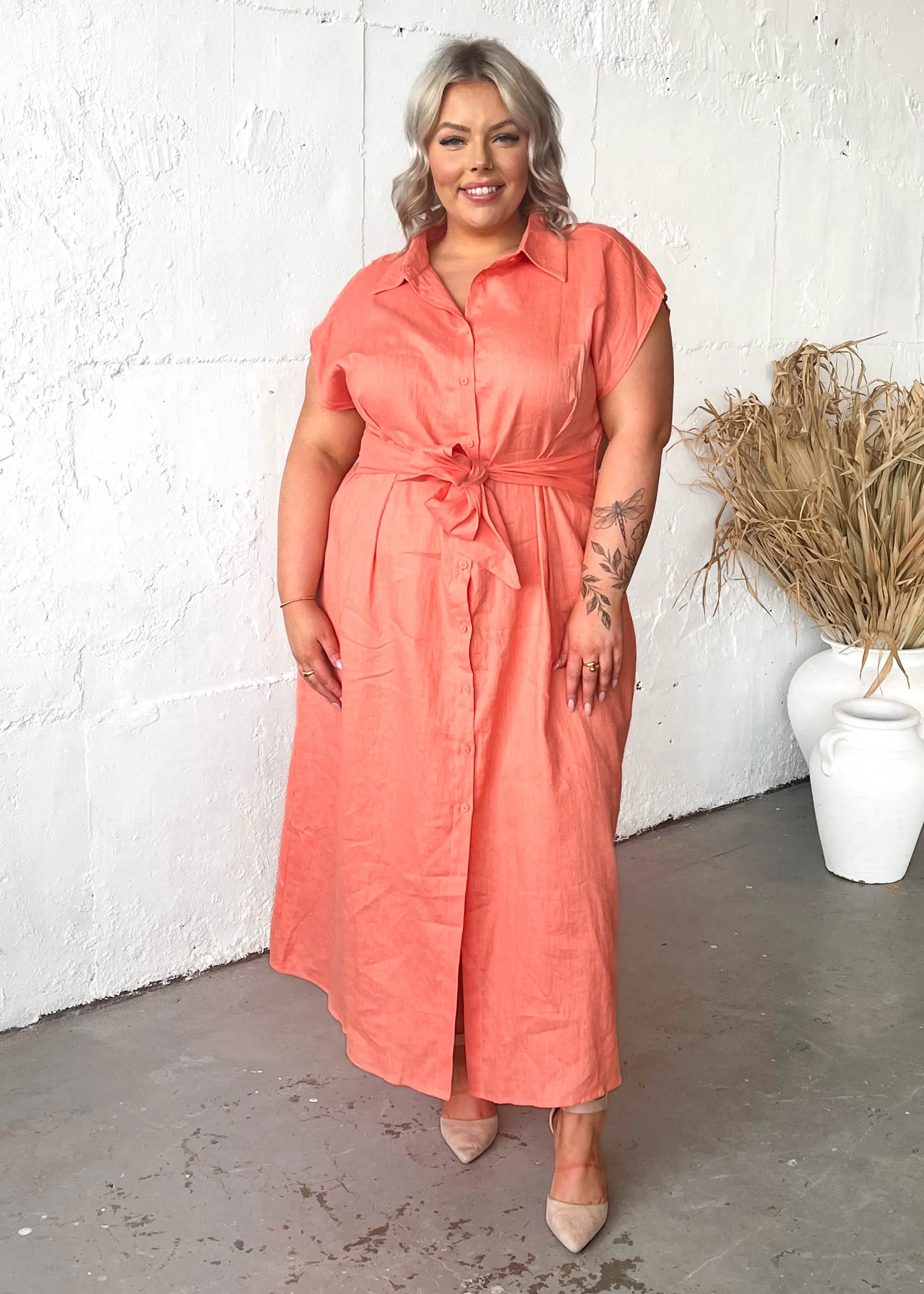 Makari Linen Midi Dress - Peach sold by Gingham & Heels