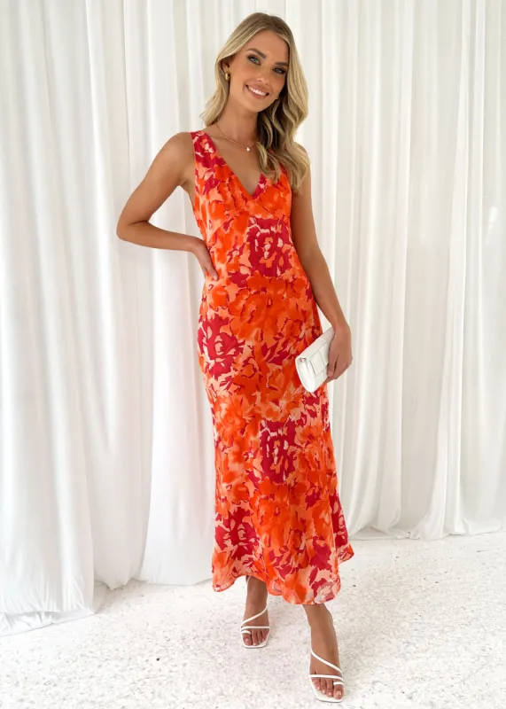 Rhialyn Maxi Dress - Tangerine Abstract sold by Gingham & Heels