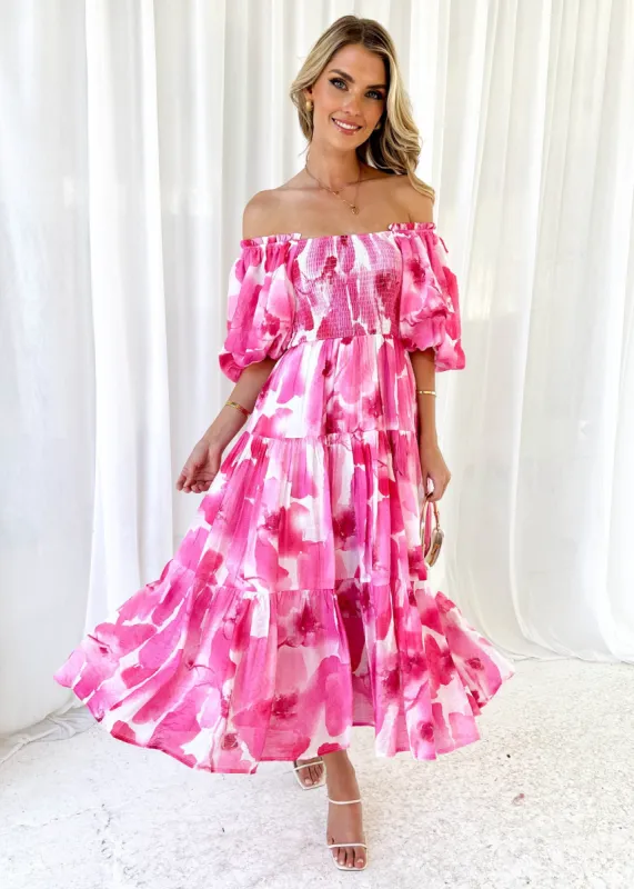 Irma Off Shoulder Midi Dress - Pink Watercolour sold by Gingham & Heels
