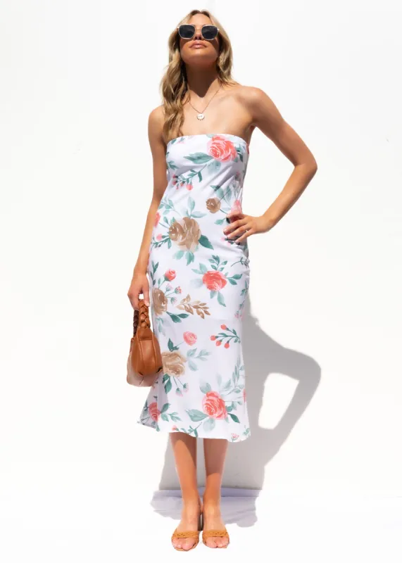 Takka Strapless Midi Dress - White Floral sold by Gingham & Heels
