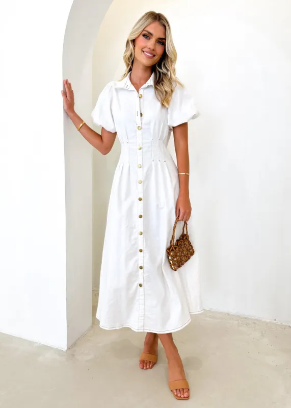 Nekkie Stretch Denim Midi Dress - Off White sold by Gingham & Heels
