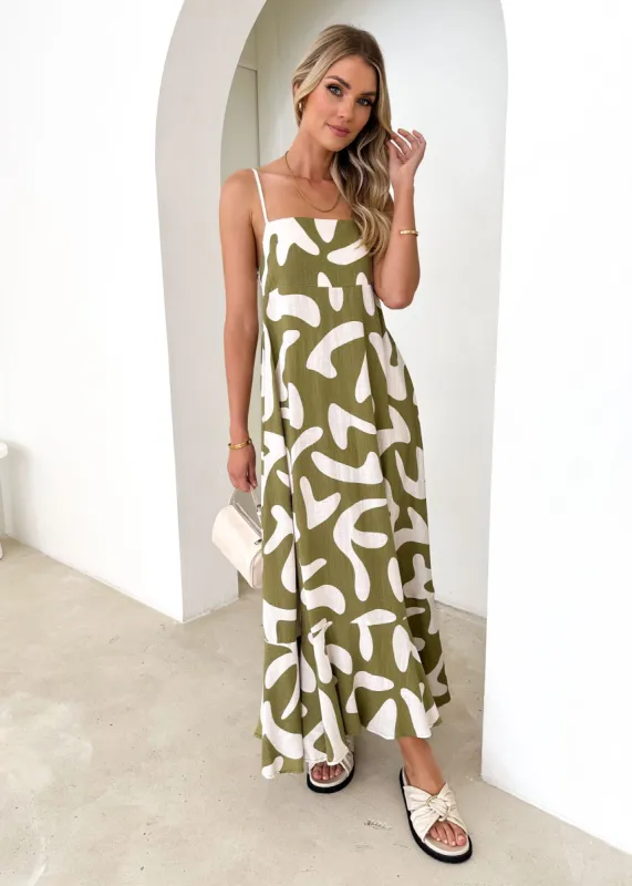 Pedra Linen Blend Maxi Dress - Olive Vacation sold by Gingham & Heels