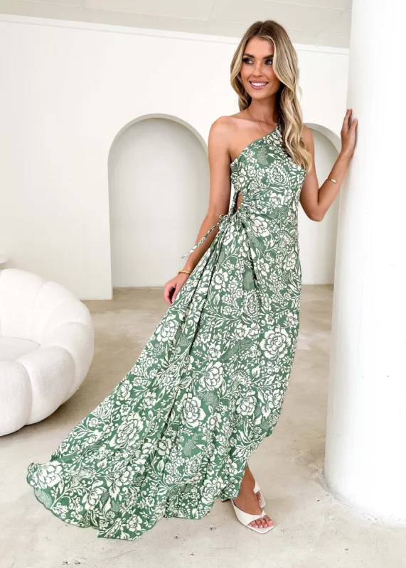 Kayta One Shoulder Midi Dress - Fern Floral sold by Gingham & Heels