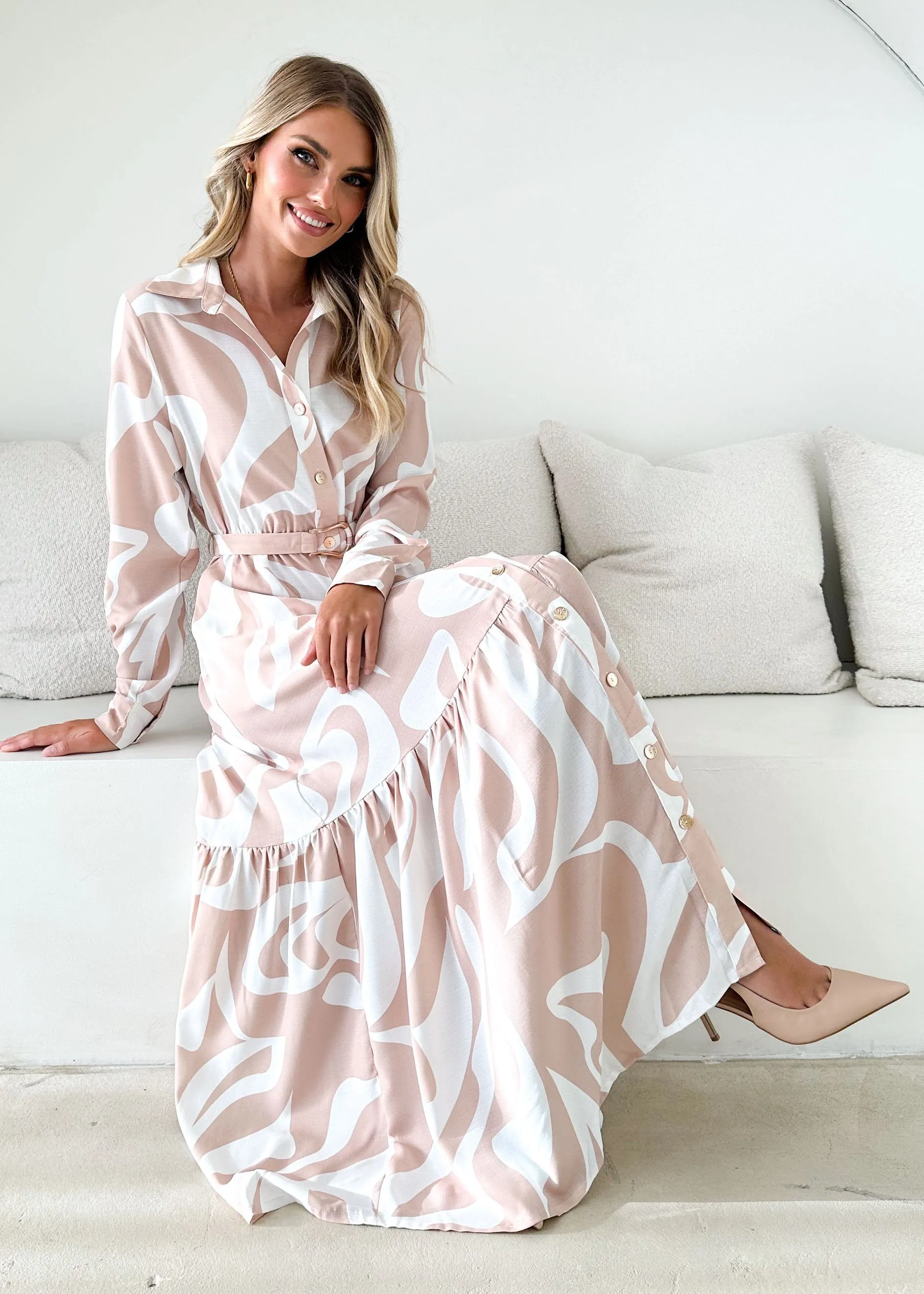 Essie Maxi Dress - Beige Abstract sold by Gingham & Heels