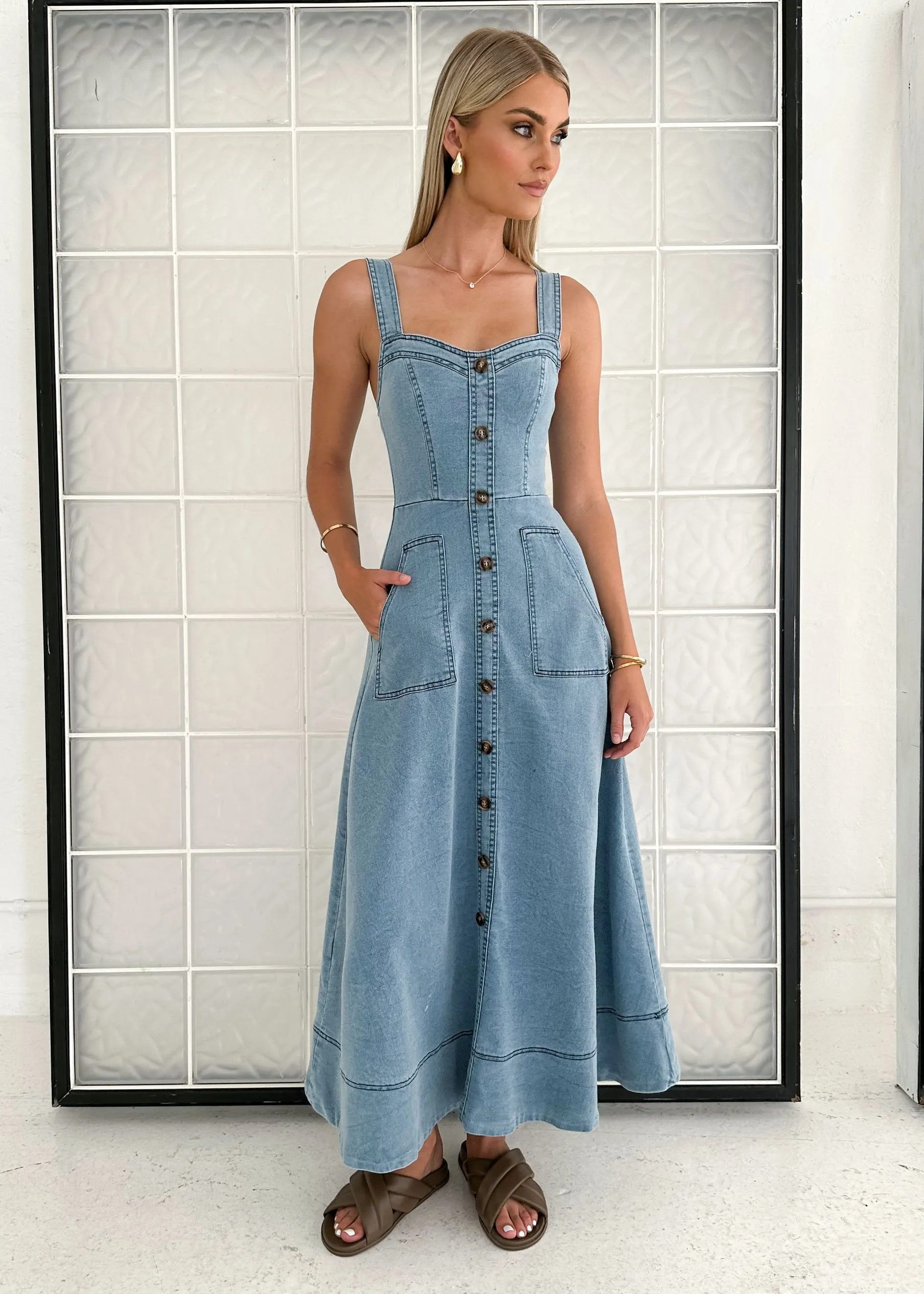 Millenia Stretch Denim Midi Dress - Light Blue sold by Gingham & Heels product image thumbnail 3