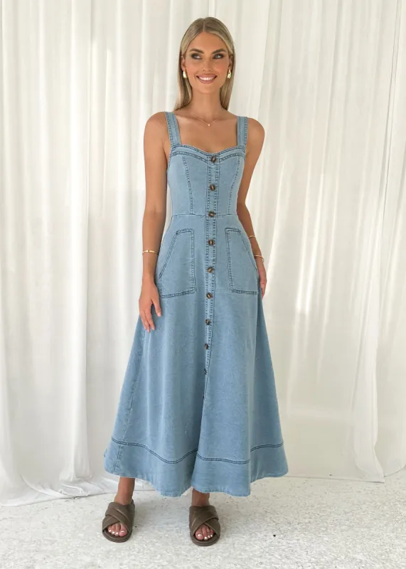 Millenia Stretch Denim Midi Dress - Light Blue sold by Gingham & Heels