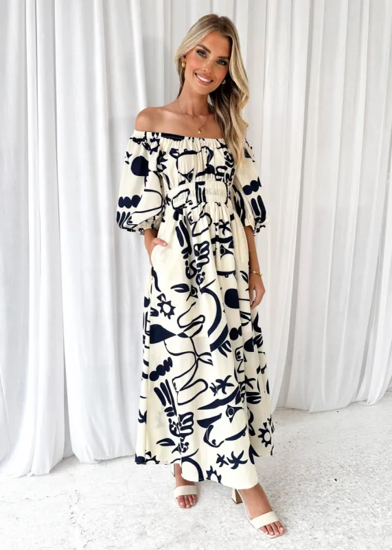 Hattah Maxi Dress - Cream Abstract sold by Gingham & Heels