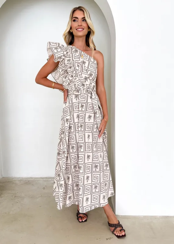 Rowler One Shoulder Midi Dress - Champagne Palm sold by Gingham & Heels