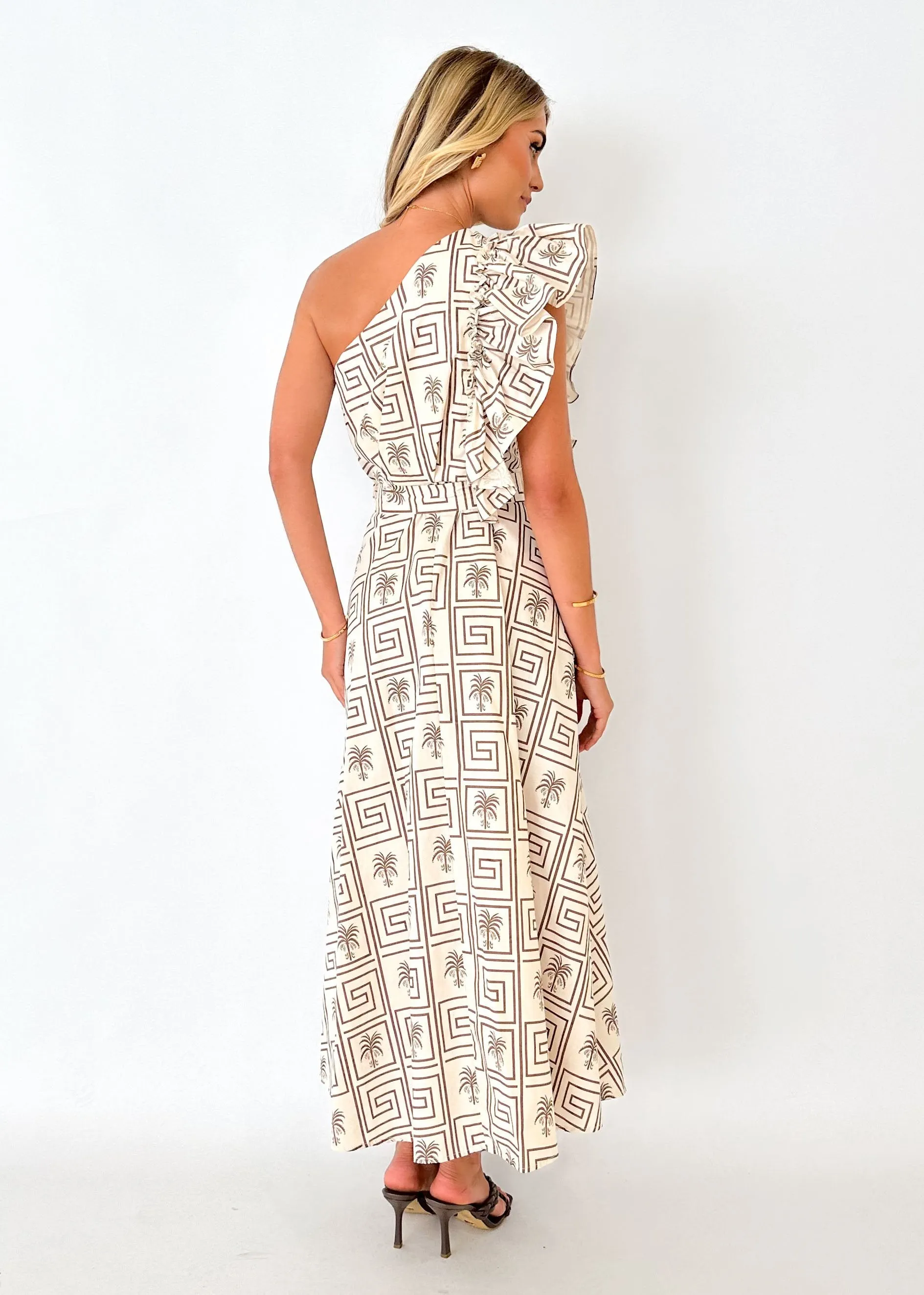 Rowler One Shoulder Midi Dress - Champagne Palm sold by Gingham & Heels product image thumbnail 5