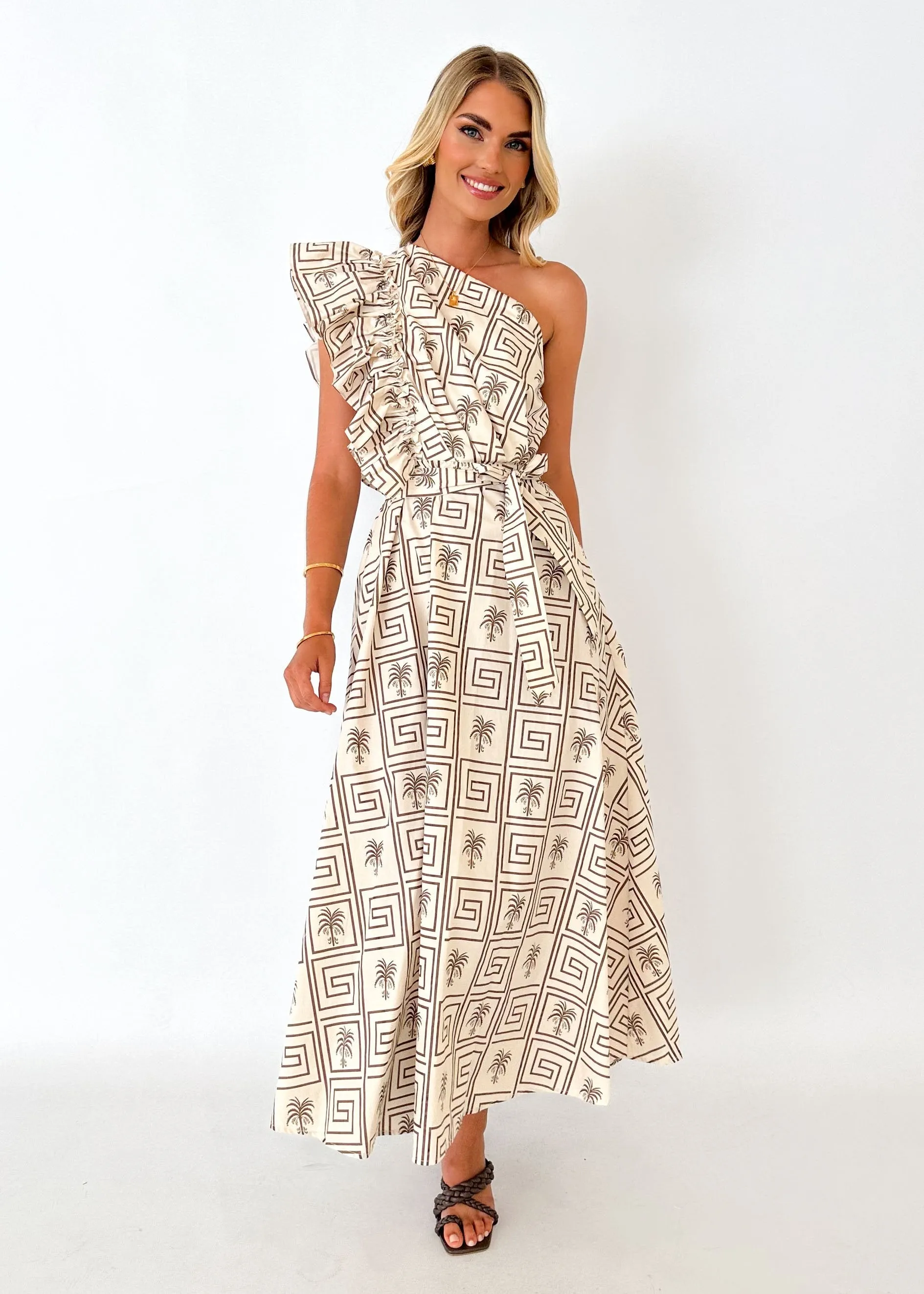 Rowler One Shoulder Midi Dress - Champagne Palm sold by Gingham & Heels product image thumbnail 3