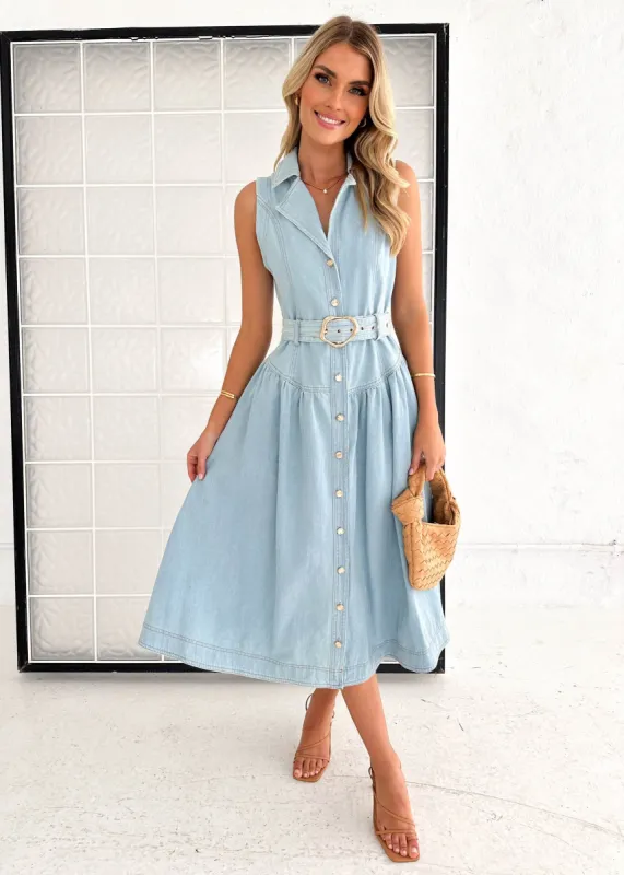 Carazon Denim Midi Dress - Light Blue sold by Gingham & Heels
