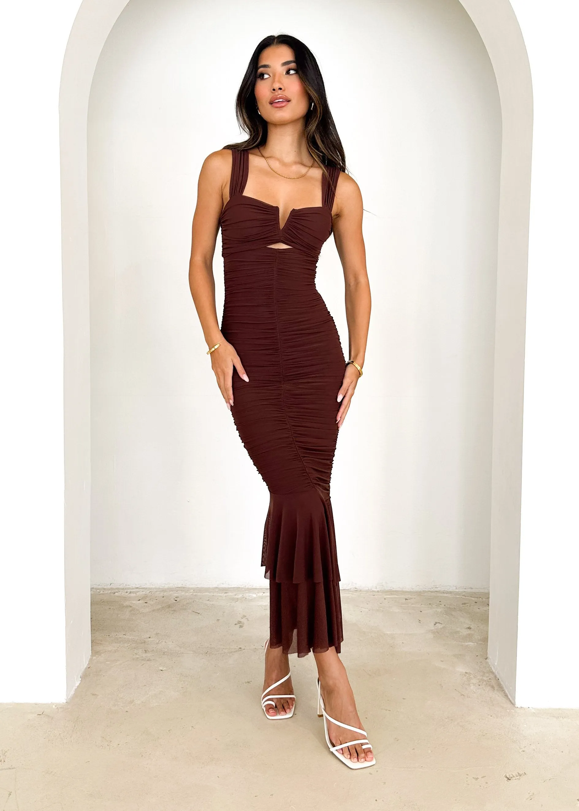 Luella Mesh Maxi Dress - Chocolate sold by Gingham & Heels product image thumbnail 5