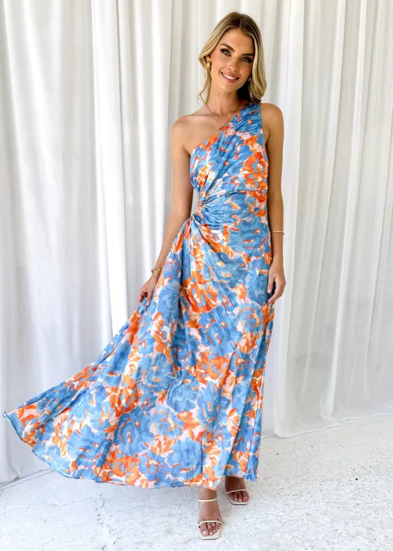 Corinne One Shoulder Midi Dress - Blue Watercolour sold by Gingham & Heels