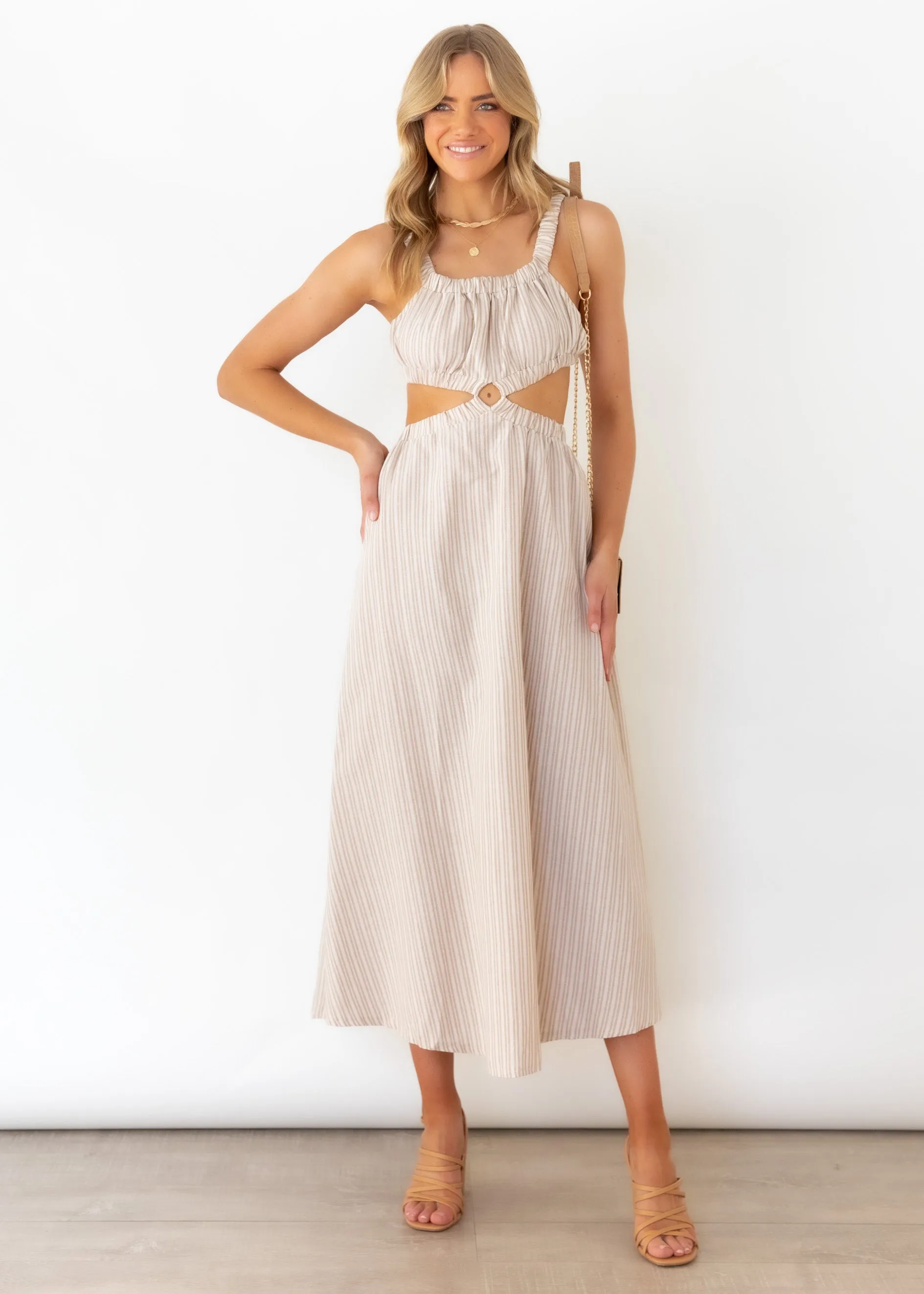 Kyra Cut Out Midi Dress - Natural Stripe sold by Gingham & Heels product image thumbnail 2