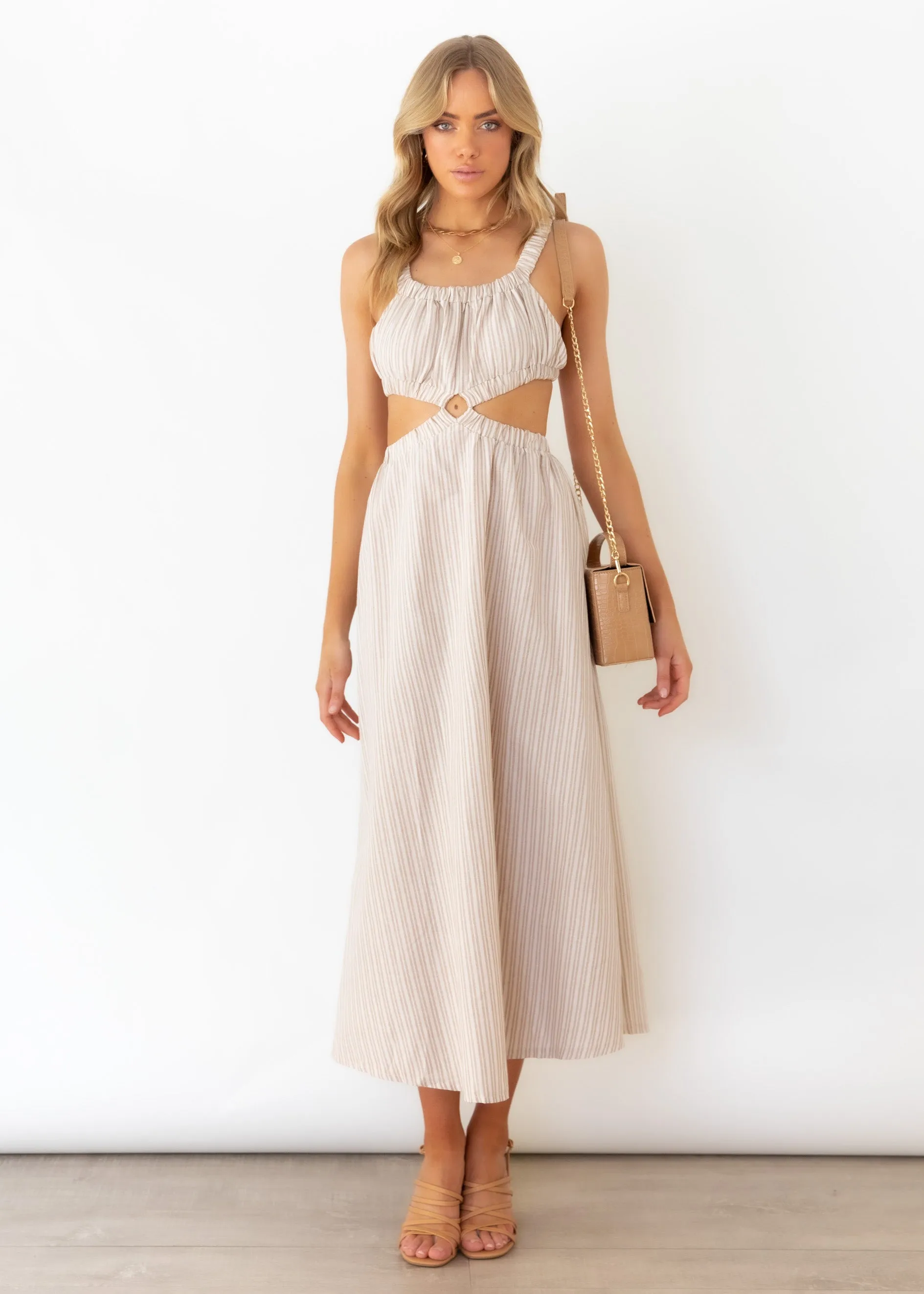 Kyra Cut Out Midi Dress - Natural Stripe sold by Gingham & Heels
