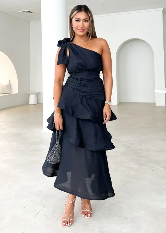 Pinnie One Shoulder Midi Dress - Black sold by Gingham & Heels