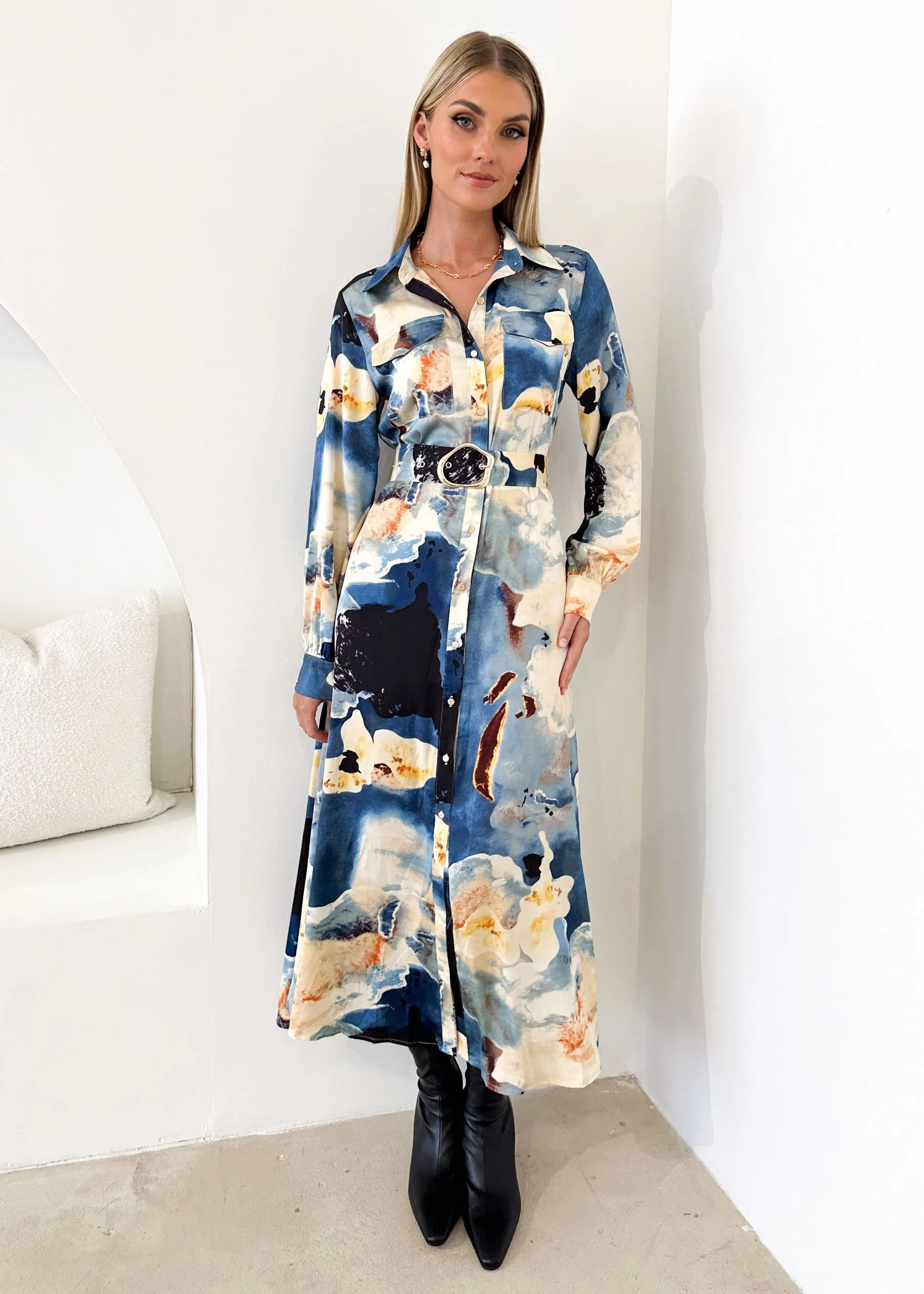 Anrika Midi Dress - Blue Marble sold by Gingham & Heels