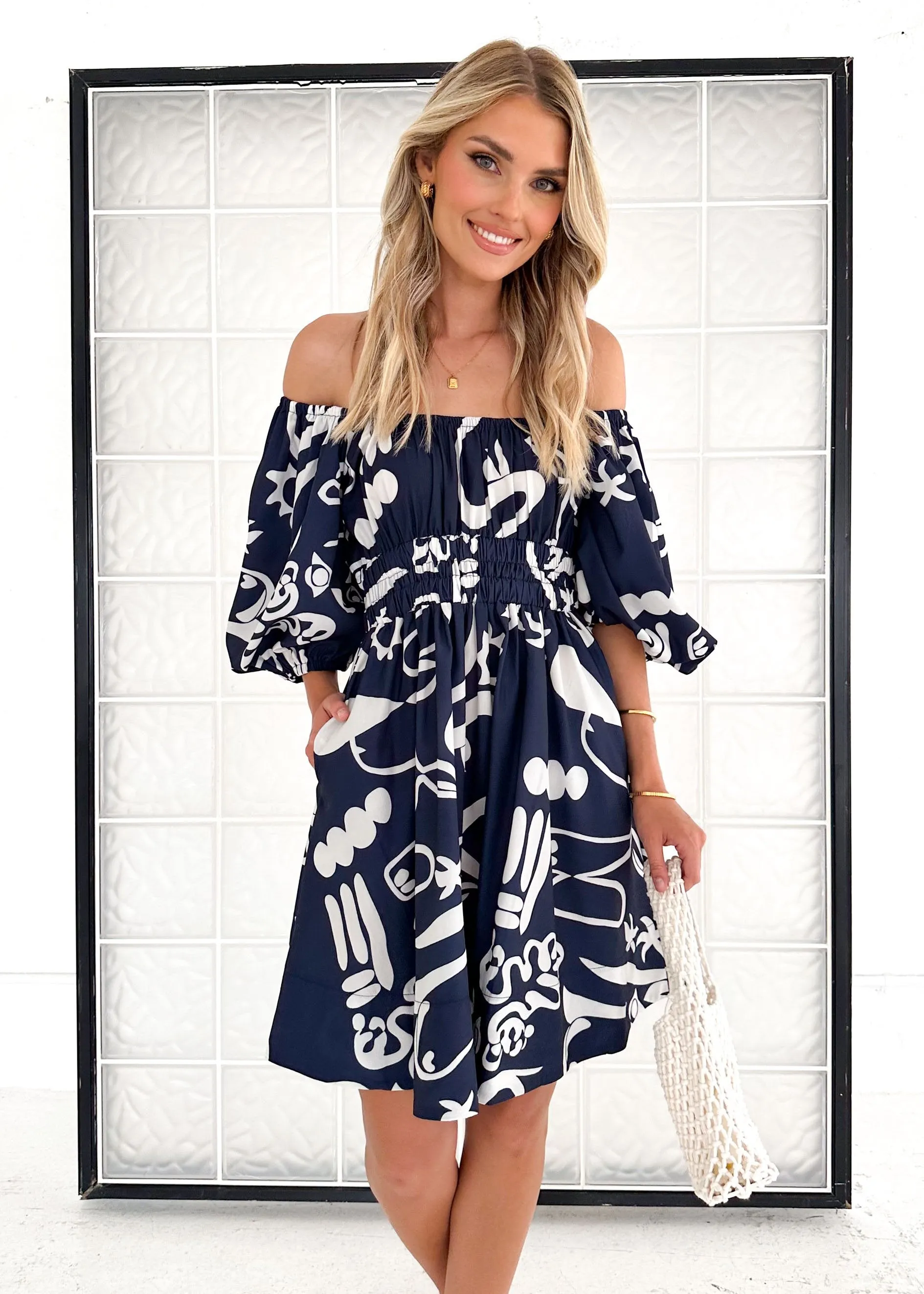 Stassio Dress - Navy Abstract sold by Gingham & Heels