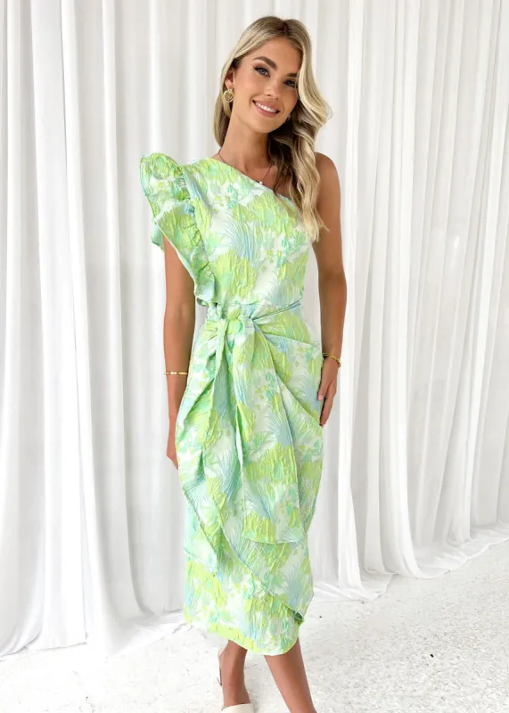 Lushie One Shoulder Midi Dress - Mint Jacquard sold by Gingham & Heels