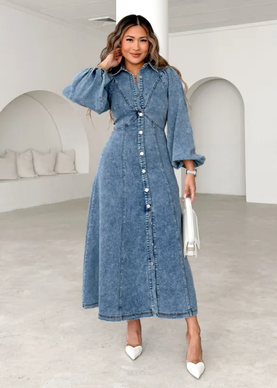 Cooper Denim Midi Dress - Washed Blue sold by Gingham & Heels