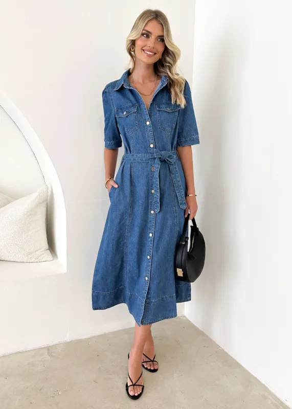 Kaily Denim Midi Dress - Mid Blue sold by Gingham & Heels