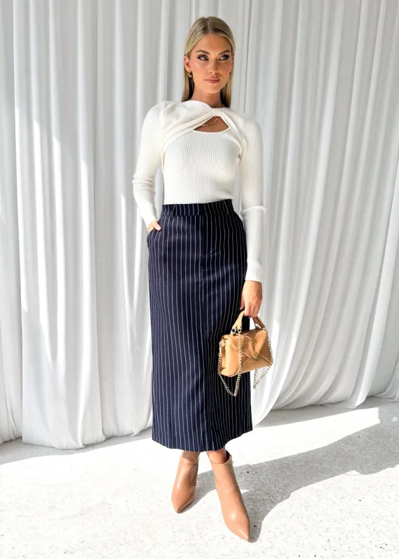 Overra Maxi Skirt - Navy Pinstripe sold by Gingham & Heels