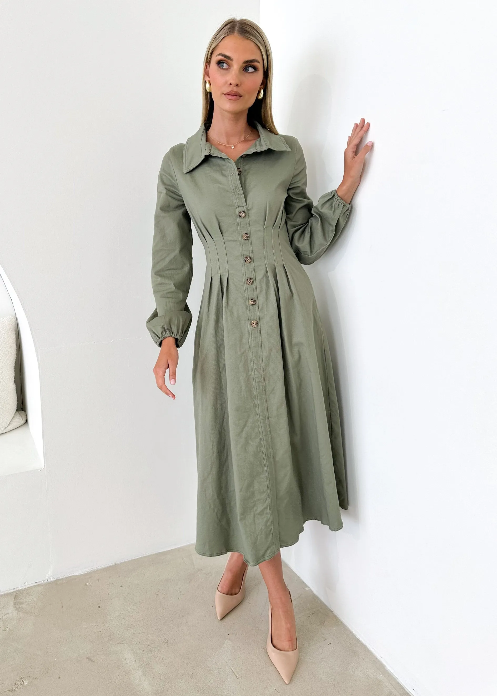 Chrissly Denim Midi Dress - Khaki sold by Gingham & Heels product image thumbnail 3