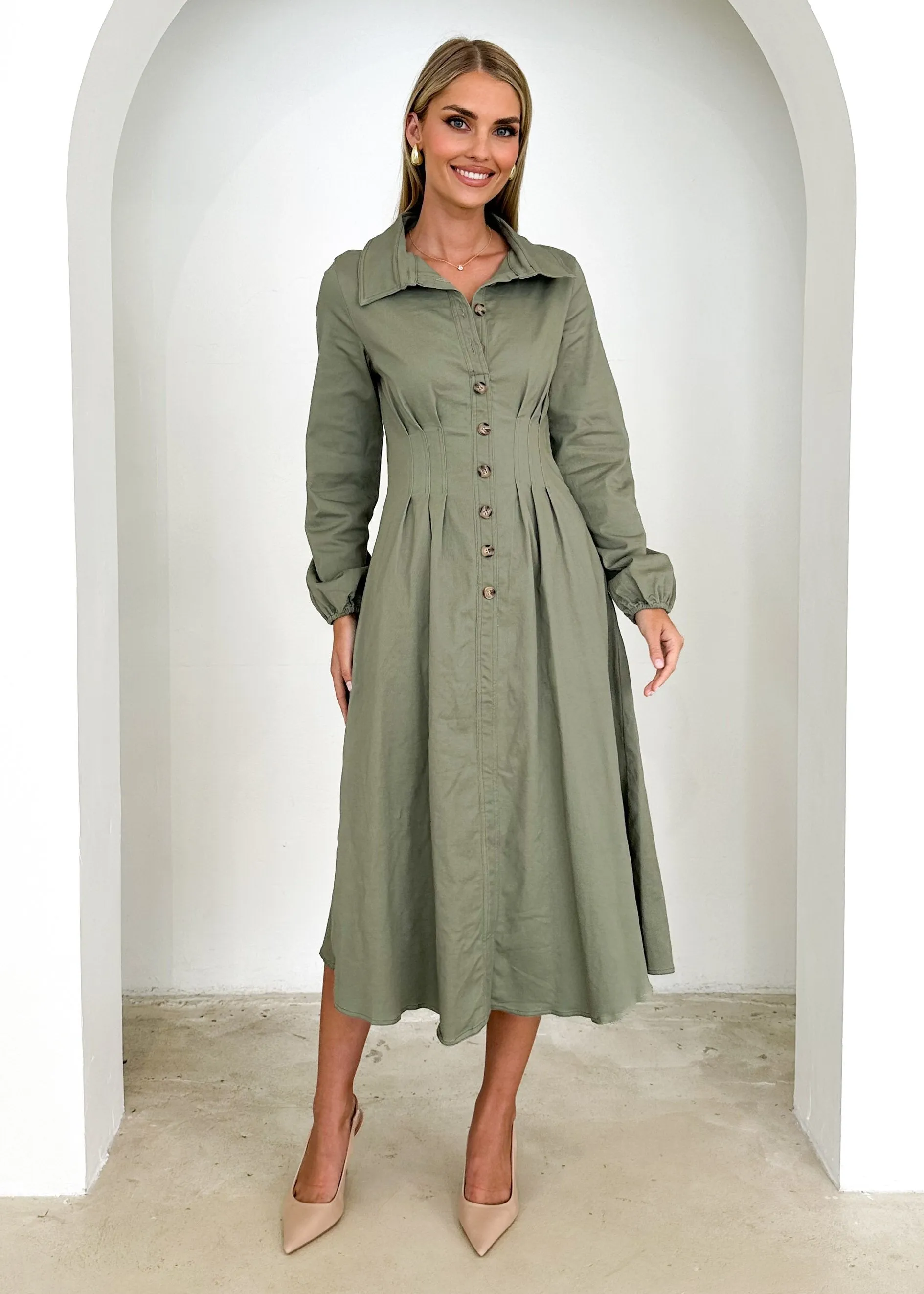 Chrissly Denim Midi Dress - Khaki sold by Gingham & Heels product image thumbnail 5