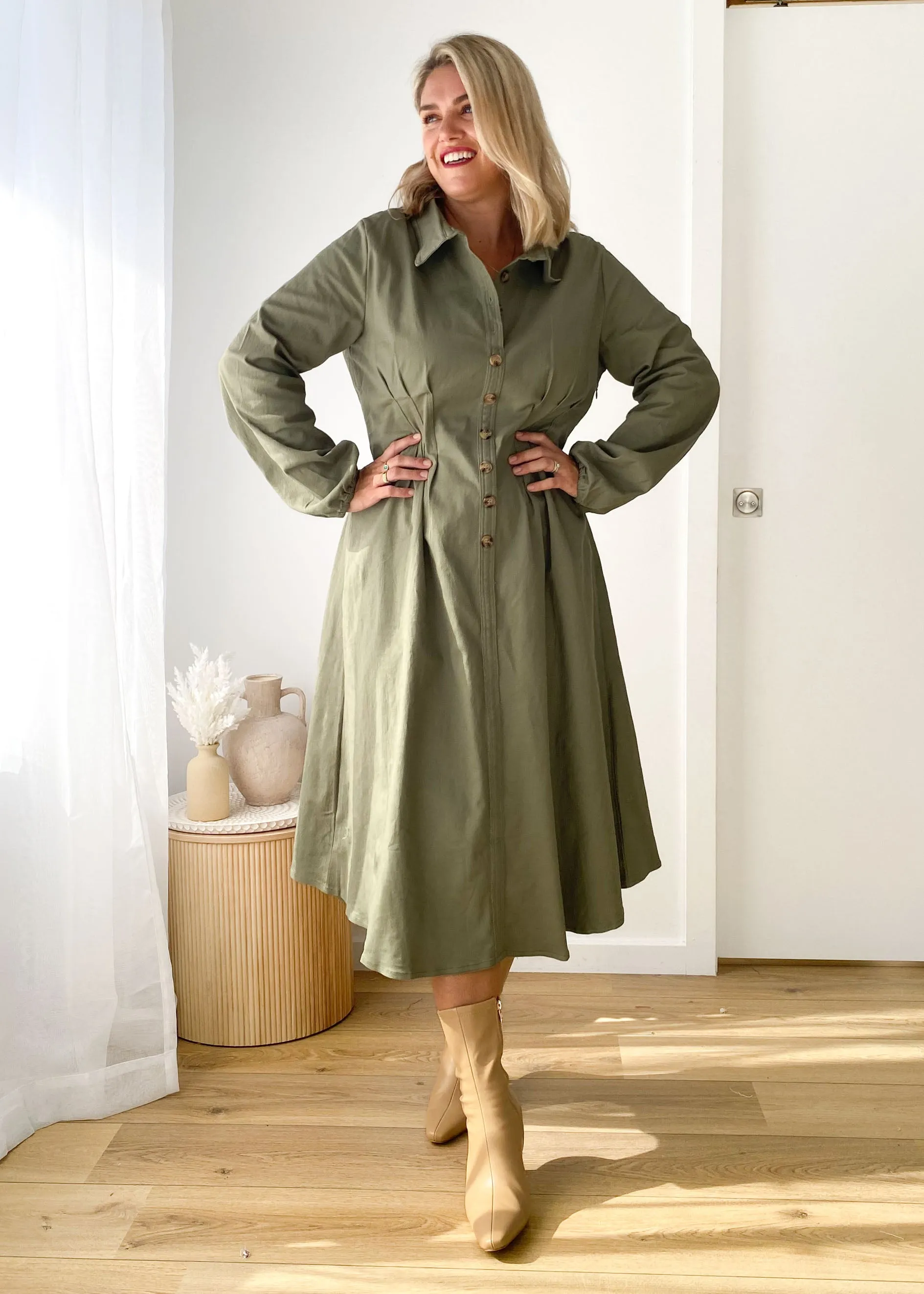 Chrissly Denim Midi Dress - Khaki sold by Gingham & Heels product image thumbnail 2