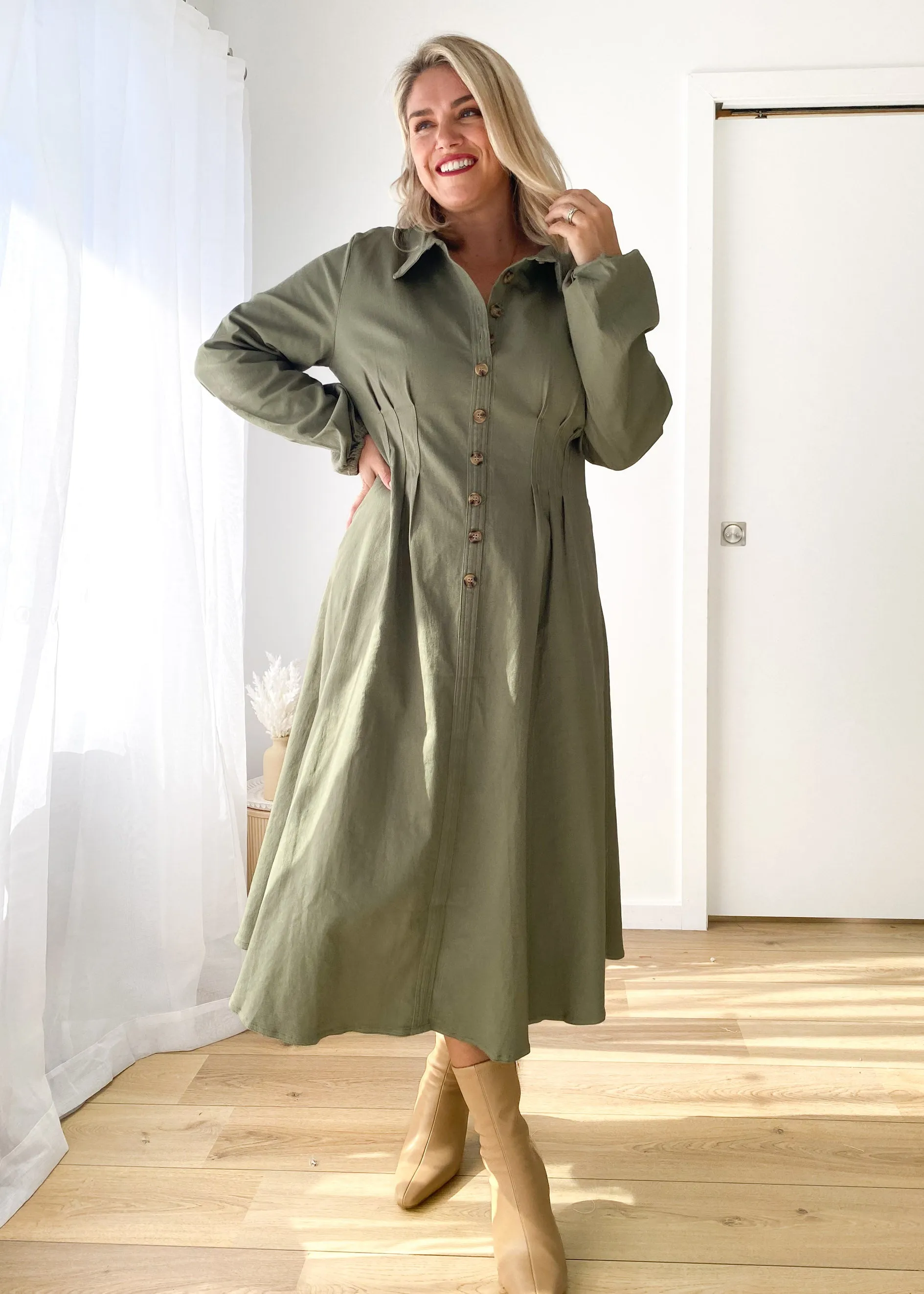 Chrissly Denim Midi Dress - Khaki sold by Gingham & Heels product image thumbnail 4
