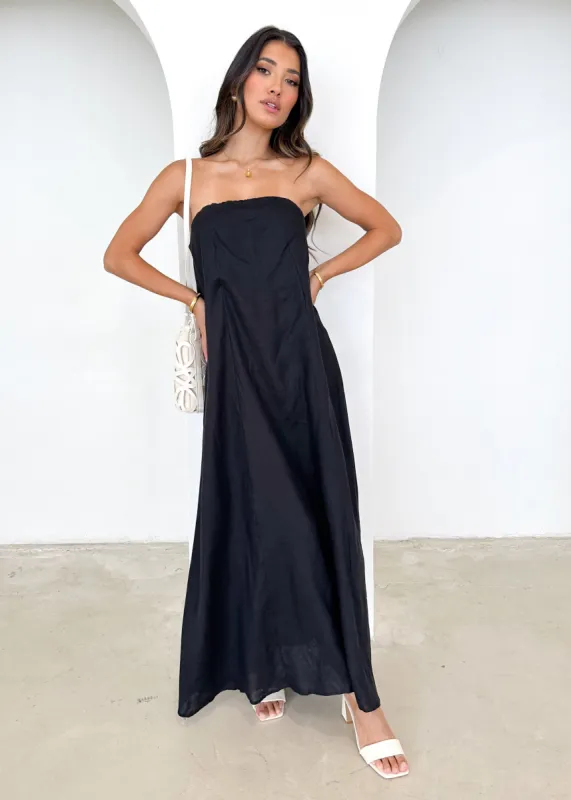 Mariss Strapless Linen Maxi Dress - Black sold by Gingham & Heels
