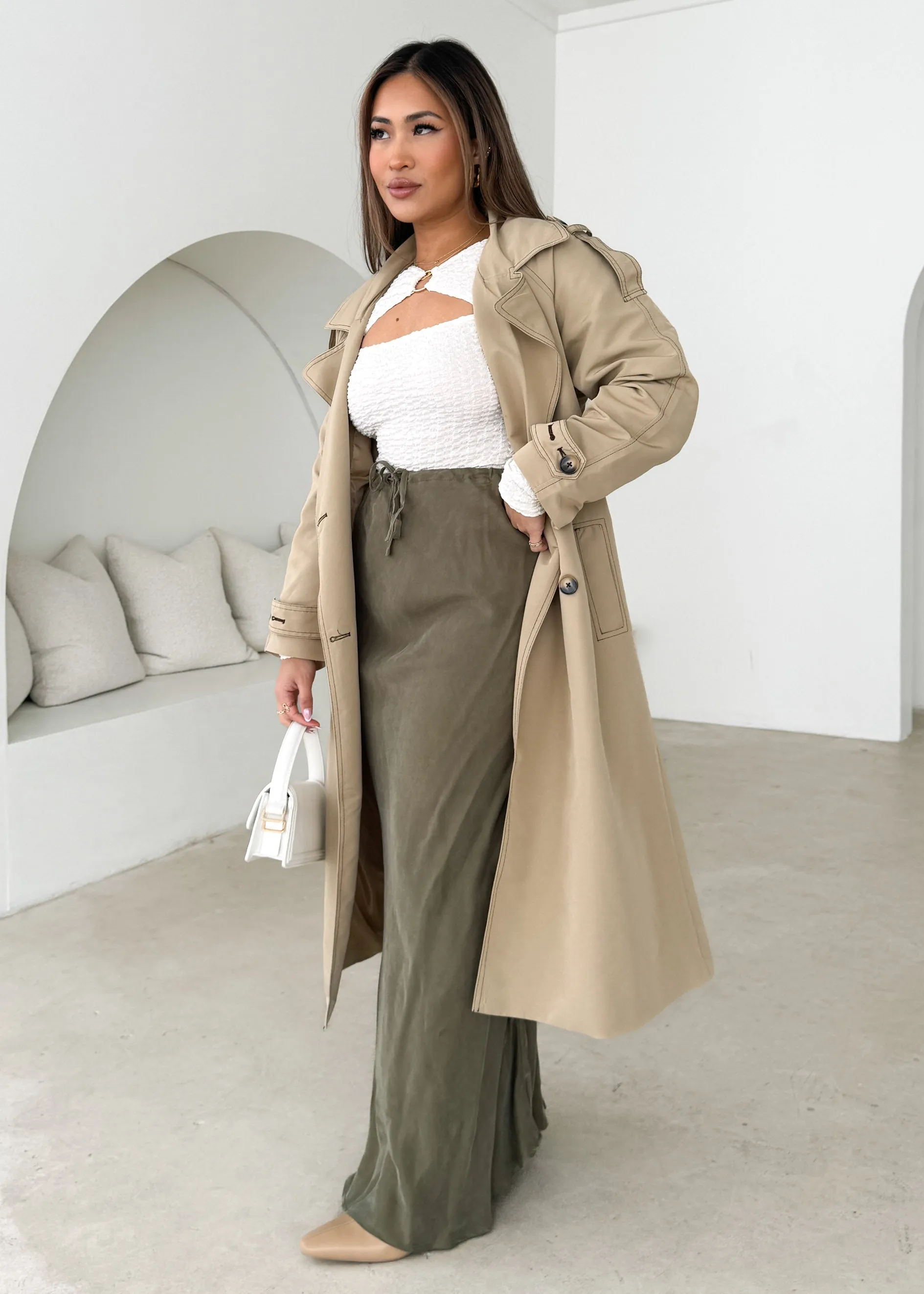 Klarey Cupro Maxi Skirt - Olive sold by Gingham & Heels