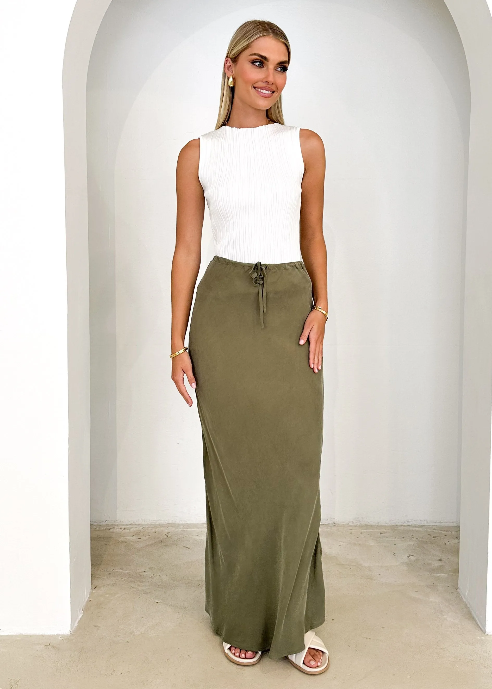 Klarey Cupro Maxi Skirt - Olive sold by Gingham & Heels product image thumbnail 5