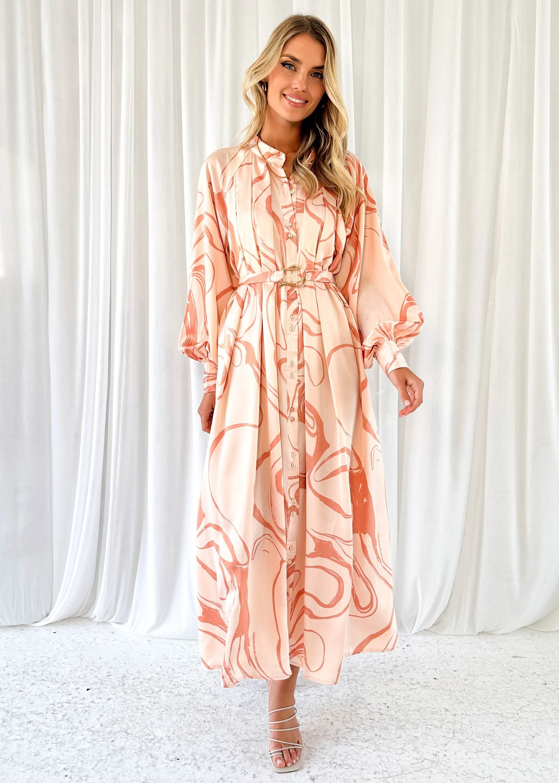 Nour Midi Dress - Peach Swirl sold by Gingham & Heels