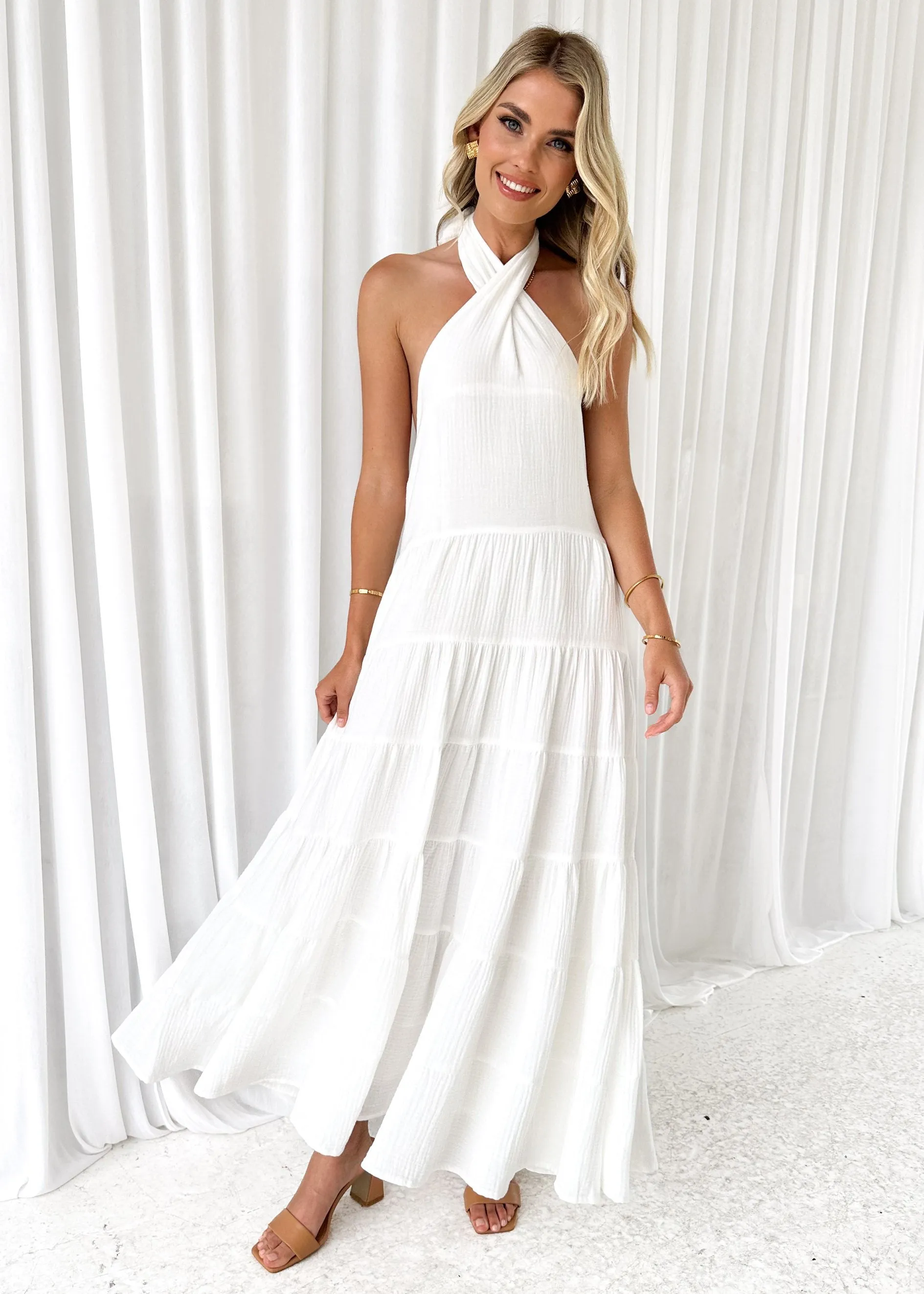 Sierry Halter Maxi Dress - Off White sold by Gingham & Heels