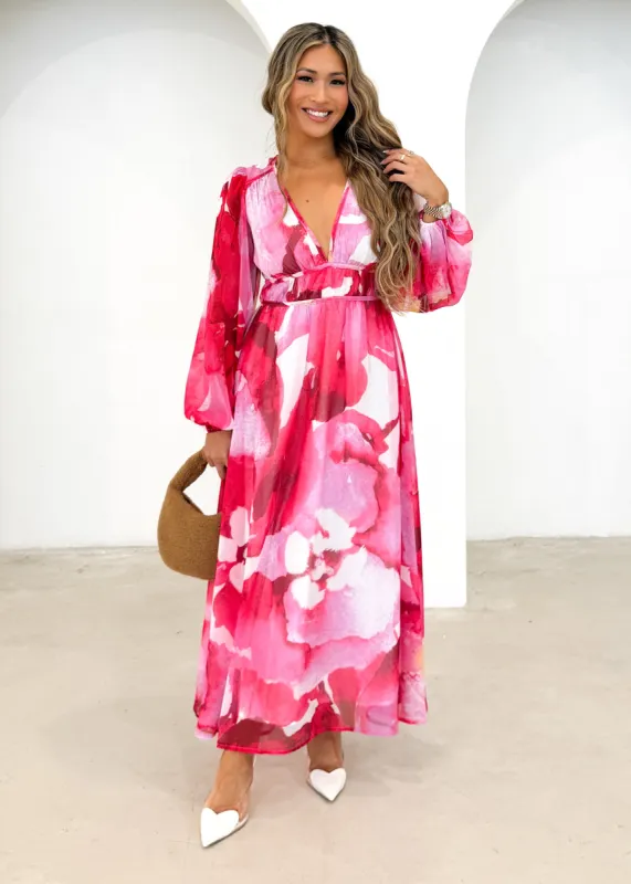 Anniston Maxi Dress - Magenta Watercolour sold by Gingham & Heels