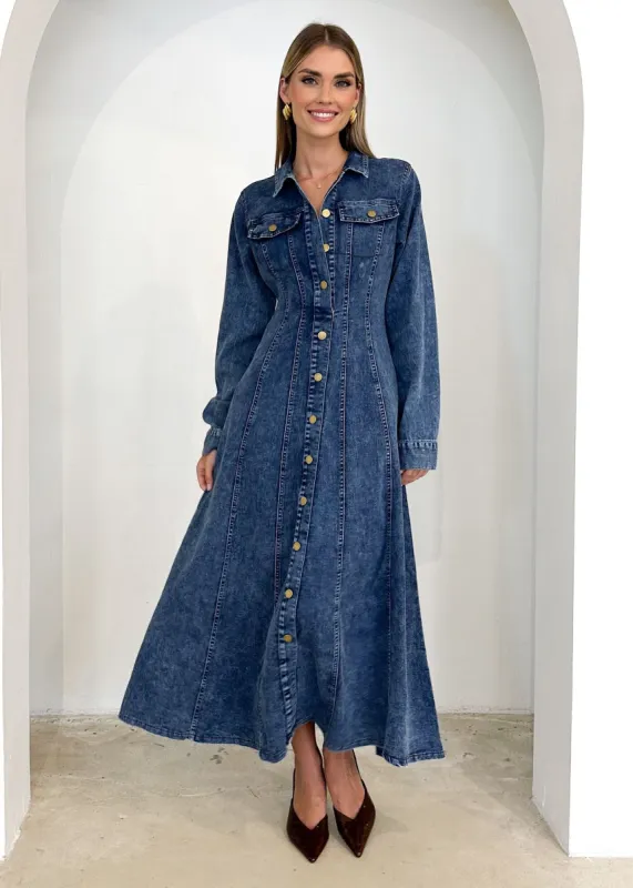 Cantrell Denim Maxi Dress - Mid Blue sold by Gingham & Heels