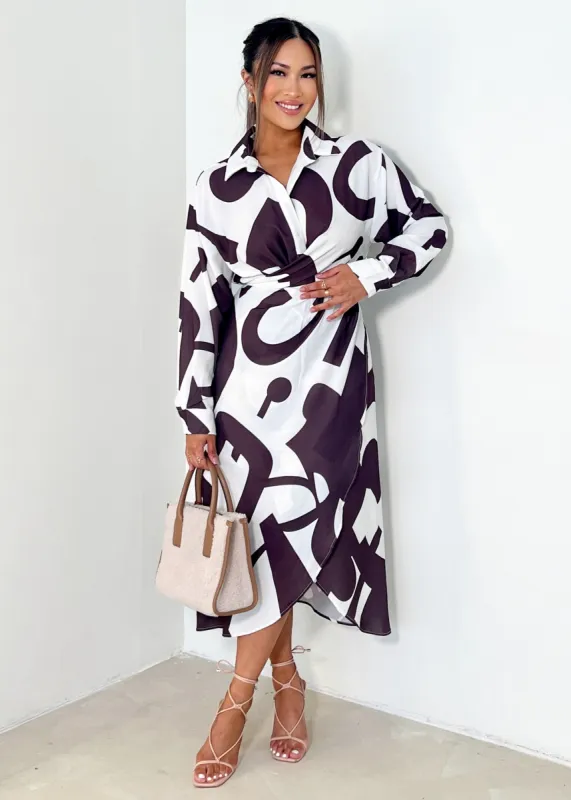 Traylan Tie Midi Dress - Chocolate Geo sold by Gingham & Heels
