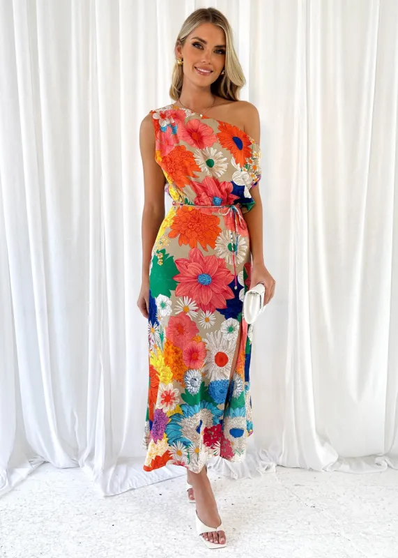 Yves One Shoulder Midi Dress - Retro Flowers sold by Gingham & Heels