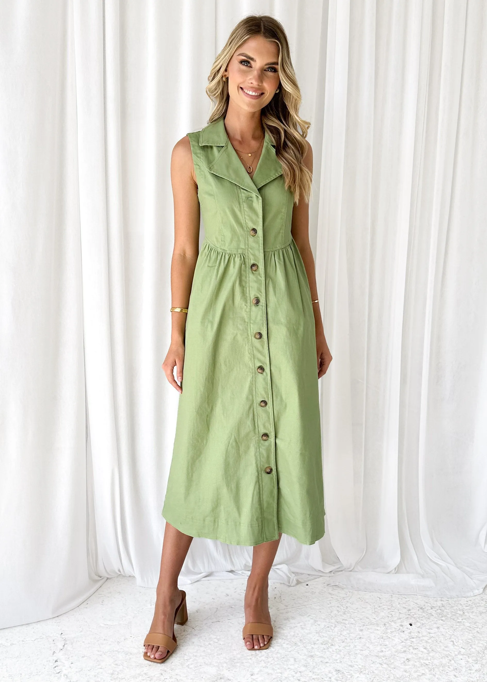 Furger Stretch Denim Midi Dress - Khaki sold by Gingham & Heels product image thumbnail 2