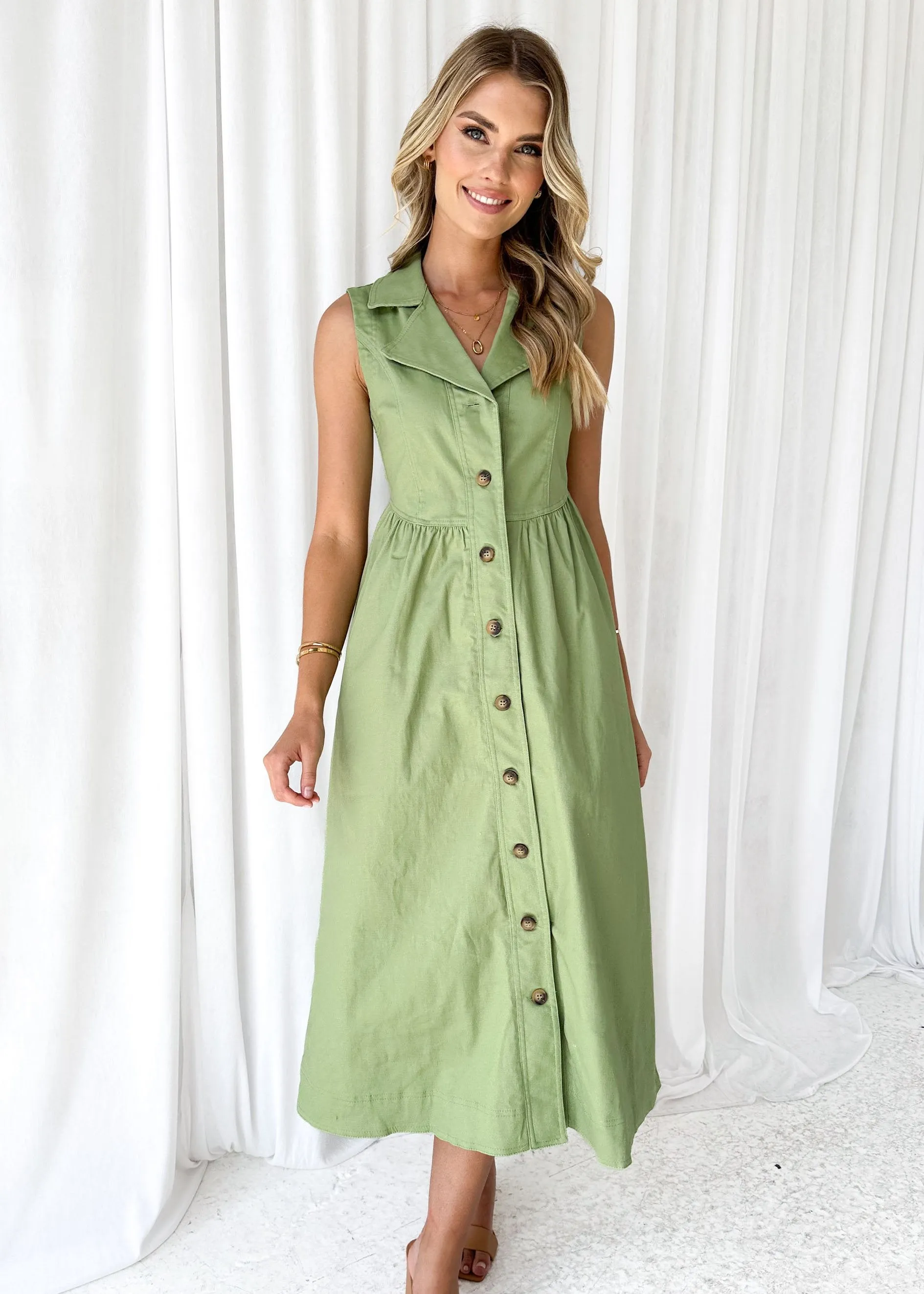 Furger Stretch Denim Midi Dress - Khaki sold by Gingham & Heels