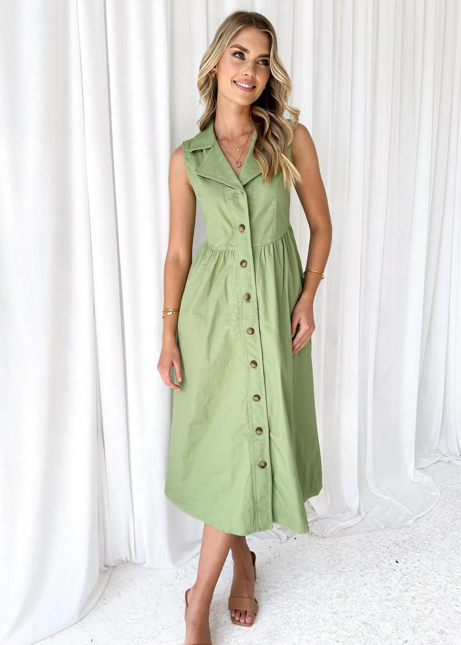 Furger Stretch Denim Midi Dress - Khaki sold by Gingham & Heels product image thumbnail 3